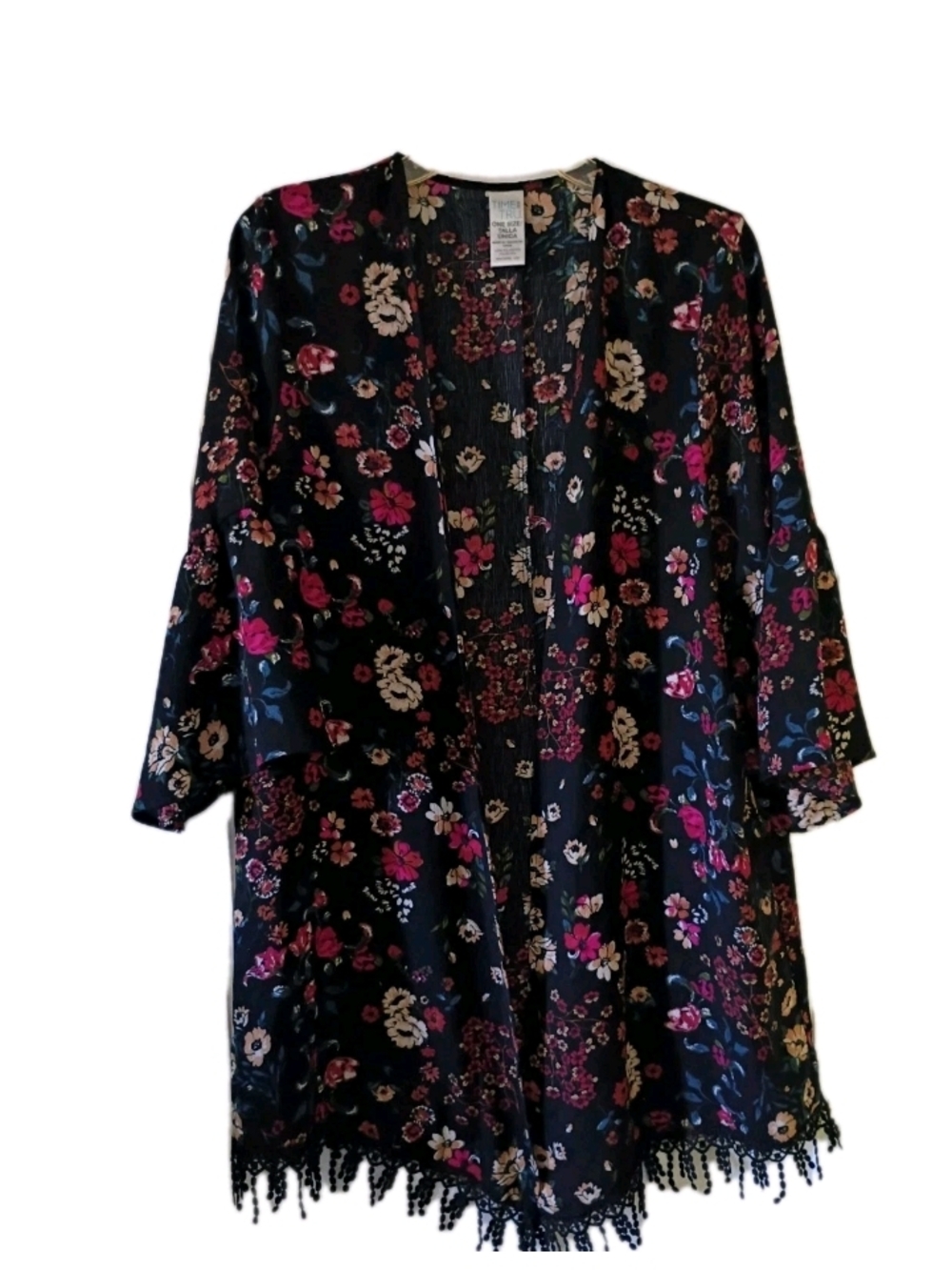 Time and Tru Black Floral Fringe Open-Front Kimono